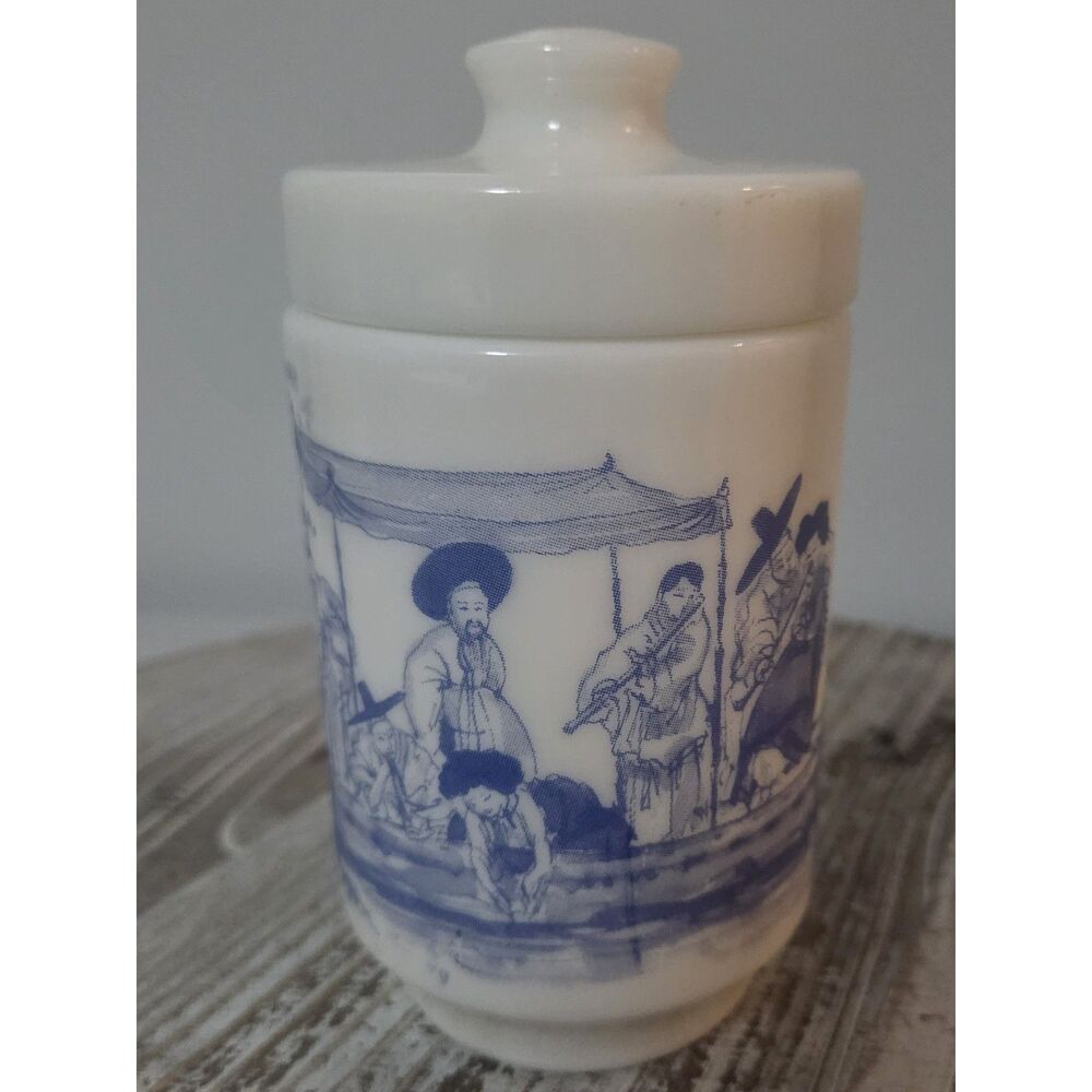 Vintage Milk Glass Jar with Lid, Asian Boat Scene Made in Belgium
